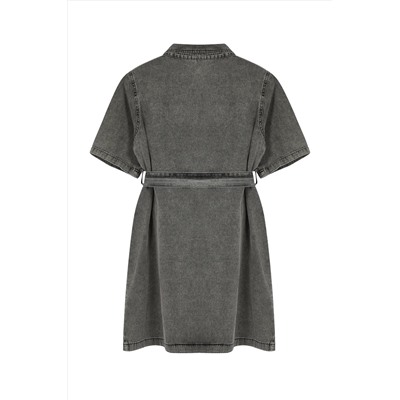 Koyu Mavi Kuşak Detaylı Mini Denim Gömlek Elbise TBBSS24AH00124