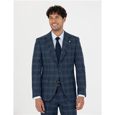 %100 Yün Ekose Lacivert Ekstra Slim Fit Takım Elbise