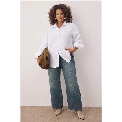 Beyaz Loose Fit Basic Pamuklu Uzun Kollu Dokuma Büyük Beden Gömlek TBBSS22GO0319