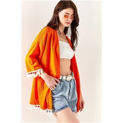 Olalook Kadın Turuncu Püsküllü Dokuma Salaş Kimono KMN-00000062