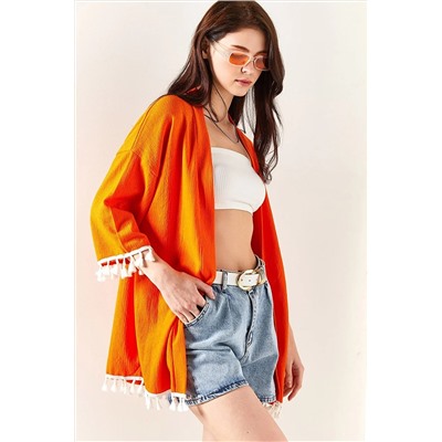 Olalook Kadın Turuncu Püsküllü Dokuma Salaş Kimono KMN-00000062