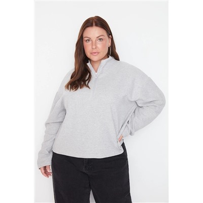 Gri Selanik/Triko Görünümlü Fermuarlı Yaka Regular/Normal Kalıp Örme Sweatshirt TBBAW23AO00006