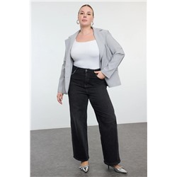 Antrasit Yüksek Bel Cepleri Taşlı Geniş Paça Büyük Beden Jeans