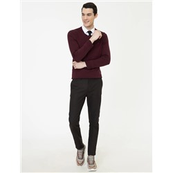 Bordo Slim Fit V Yaka Basic Triko Kazak