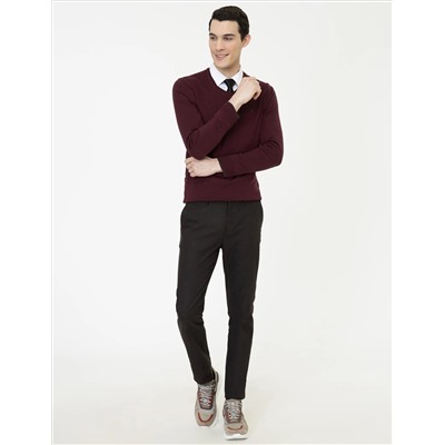 Bordo Slim Fit V Yaka Basic Triko Kazak