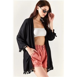 Olalook Kadın Siyah Püsküllü Dokuma Salaş Kimono KMN-00000062