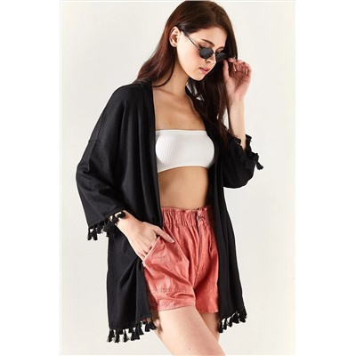 Olalook Kadın Siyah Püsküllü Dokuma Salaş Kimono KMN-00000062