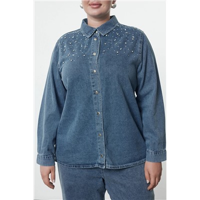 Açık Mavi Taşlı Büyük Beden Denim Gömlek TBBAW25AX00002