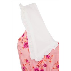 Pembe  Çiçekli Poplin %100 Pamuk Bebe Yaka Midi Dokuma Büyük Beden Elbise TBBSS25AH00158