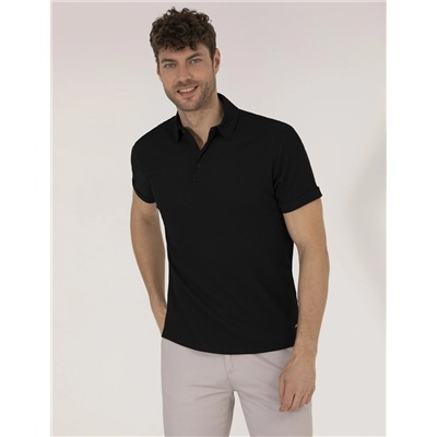 Siyah Slim Fit Dokulu Polo Yaka Tişört