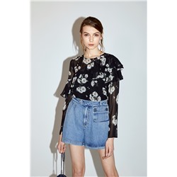 Blusa floral de seda Negro