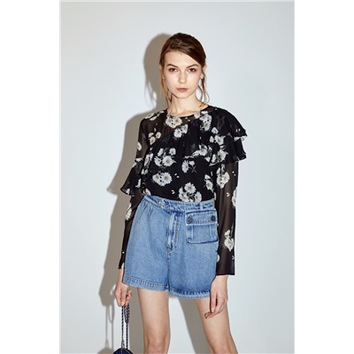 Blusa floral de seda Negro