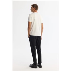 Ekru Bisiklet Yaka Baskılı Elastan T-Shirt