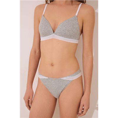 Tanga tira algodón canalé encaje gris