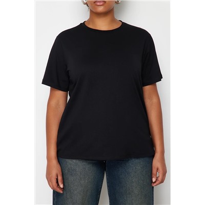 Siyah Boyfriend Fit Yanda Çıt Çıt Detaylı %100 Pamuk Örme Büyük Beden T-shirt TBBSS24BF00000