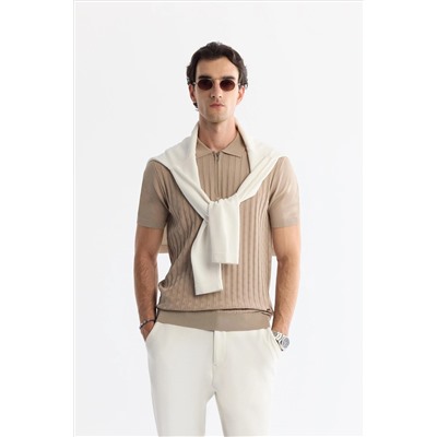 Vizon Polo Yaka Fermuarlı Rayon Triko T-Shirt