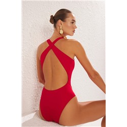 Trendyolmilla Kırmızı Halter Yaka Sırt Dekolteli Regular Mayo TBESS25MA00038
