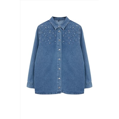 Açık Mavi Taşlı Büyük Beden Denim Gömlek TBBAW25AX00002