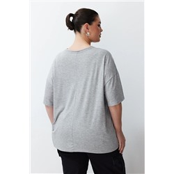 Gri Melanj Baskılı Oversize %100 Pamuk Örme T-shirt TBBSS24BF00020