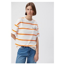 Mavi Baskılı Çizgili Turuncu Tişört Loose Fit / Bol Rahat Kesim 1611865-85447
