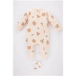 Defacto Erkek Bebek Yeni Doğan Ayı Baskılı Kalın Sweatshirt Kumaşı Tulum Patik 2'li Takım B2691A523WN