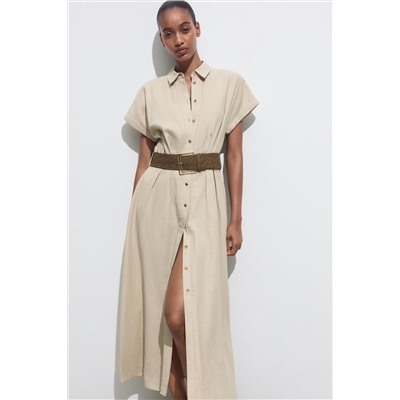 LINEN BLEND MIDI DRESS WITH BELT