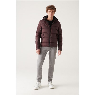 Bordo Su İtici Rüzgar Geçirmez Kapitone Kapüşonlu Comfort Fit Rahat Kesim Şişme Mont