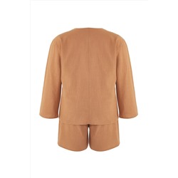 Kahverengi V Yaka Bağlama Detaylı Pamuk Flam Beachwear Büyük Beden Alt-Üst Takım TBBSS25CP00012