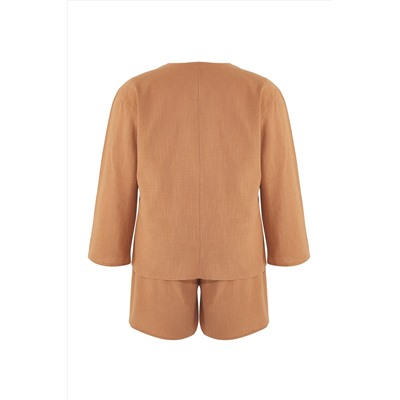 Kahverengi V Yaka Bağlama Detaylı Pamuk Flam Beachwear Büyük Beden Alt-Üst Takım TBBSS25CP00012