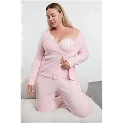 Pembe Fırçalı Soft Fitilli Hırkalı Örme Pijama Takımı TBBAW25AI00089