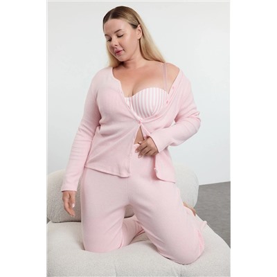 Pembe Fırçalı Soft Fitilli Hırkalı Örme Pijama Takımı TBBAW25AI00089