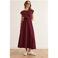 Olalook, Kadın Bordo Beli Lastikli Yarasa Penye Elbise ELB-19001509