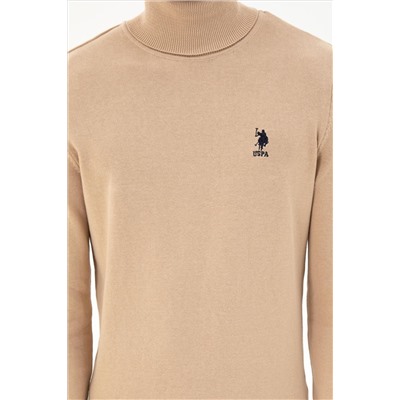 Erkek Slim Fit Boğazlı Yaka Kum Melanj Basic Kazak