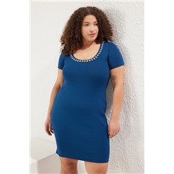 Trendyol Curve Lacivert U Yaka Taş Detaylı Triko Elbise TBBSS25AH00123