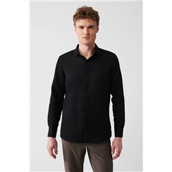 Avva Erkek Siyah Kolay Ütülenebilir Klasik Yaka Gofreli Pamuklu Slim Fit Dar Kesim Gömlek E002030