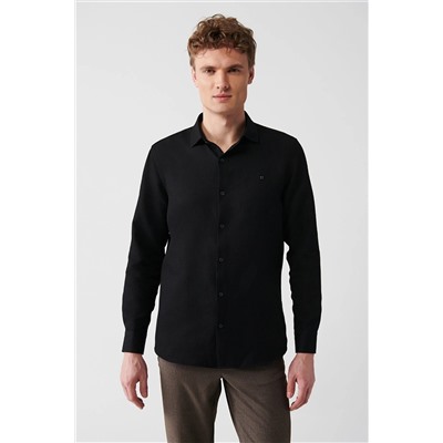 Avva Erkek Siyah Kolay Ütülenebilir Klasik Yaka Gofreli Pamuklu Slim Fit Dar Kesim Gömlek E002030