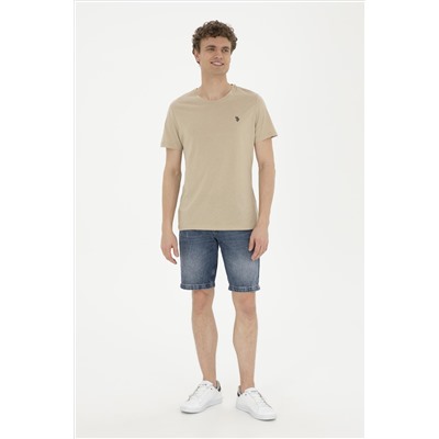 Erkek Regular Fit Bisiklet Yaka Açık Haki Basic Tişört