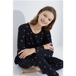 Siyah İnci siyah pembe kalp Örme Pijama Takım 7613