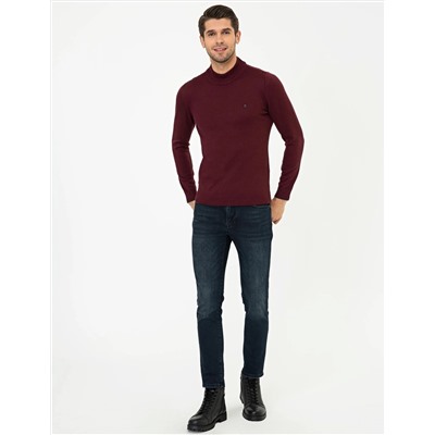 Bordo Slim Fit Yarım Balıkçı Basic Triko Kazak