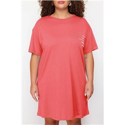 Pembe Bisiklet Yaka slogan Baskılı %100 Pamuk Örme Büyük Beden T-shirt Elbise TBBSS23AH00162