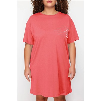 Pembe Bisiklet Yaka slogan Baskılı %100 Pamuk Örme Büyük Beden T-shirt Elbise TBBSS23AH00162