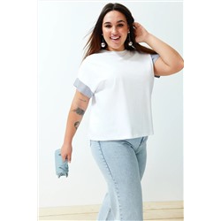 Beyaz Oversize Kolda Çizgili Poplin Kumaş Detaylı %100 Pamuk Örme Büyük Beden T-Shirt TBBSS24BF00001