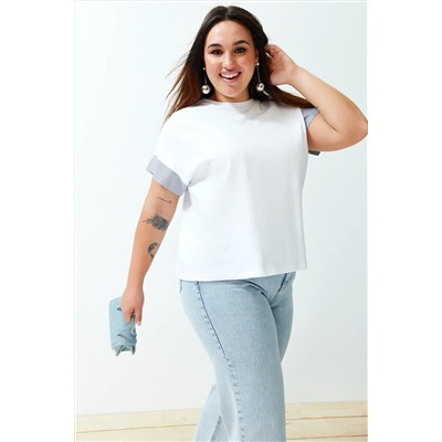 Beyaz Oversize Kolda Çizgili Poplin Kumaş Detaylı %100 Pamuk Örme Büyük Beden T-Shirt TBBSS24BF00001