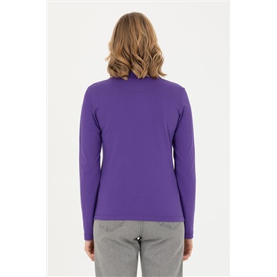 Kadın Mor Basic Polo Yaka Sweatshirt