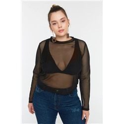 Siyah Örme Tül Crop Bluz TBBSS22BZ00017