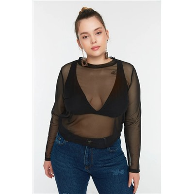 Siyah Örme Tül Crop Bluz TBBSS22BZ00017