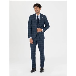 %100 Yün Ekose Lacivert Ekstra Slim Fit Takım Elbise