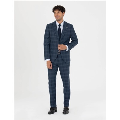 %100 Yün Ekose Lacivert Ekstra Slim Fit Takım Elbise