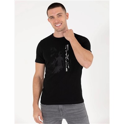 Siyah Slim Fit Baskılı Bisiklet Yaka Tişört
