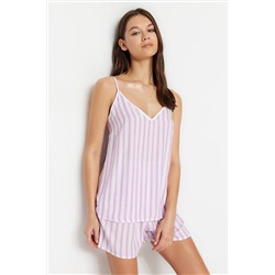TRENDYOLMİLLA Lila Çizgili Atlet-Şort Dokuma Pijama Takımı THMSS23PT00006